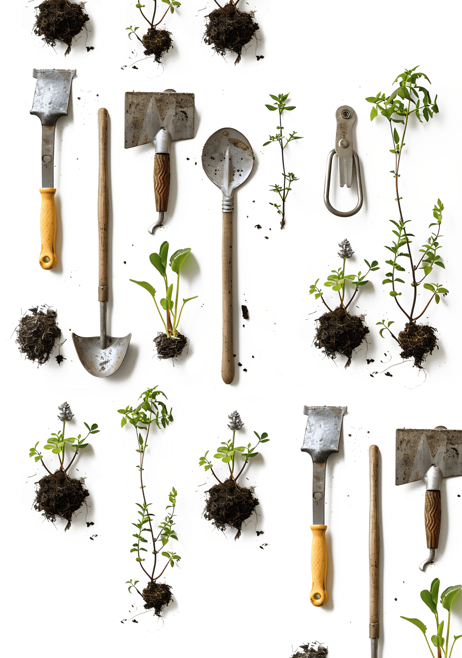 Gartentools die herumliegen mit Pflanzen Zwischendrinnen. Werkzeuge für den Garten und Landschaftsbau